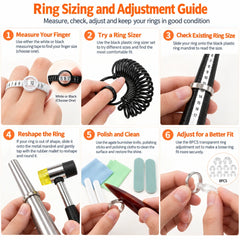Hands using ring sizing tools with a ring sizer, mandrel, and rubber mallet