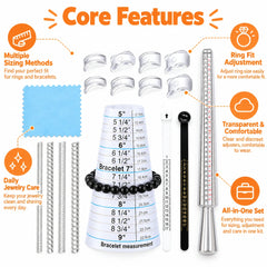 Jewelry ring sizing kit care features with ring mandrel, bracelet measuring cone and clear ring adjusters