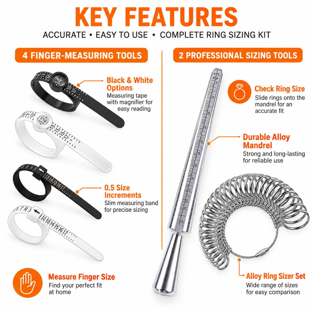 ring sizing kit key features showing four finger measuring tools alloy mandrel and ring sizer set