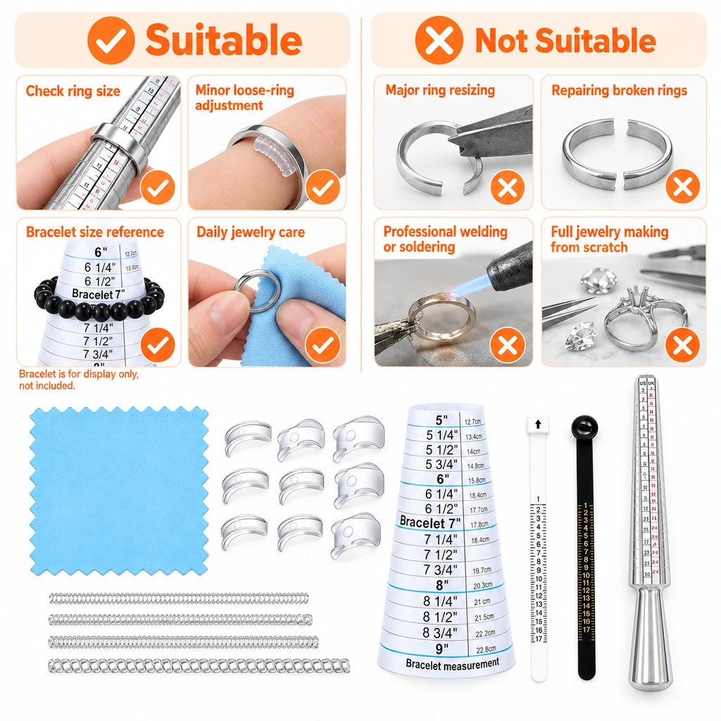 Jewelry sizing kit infographic showing ring size checking, loose ring adjustment, bracelet size reference and unsuitable repair uses
