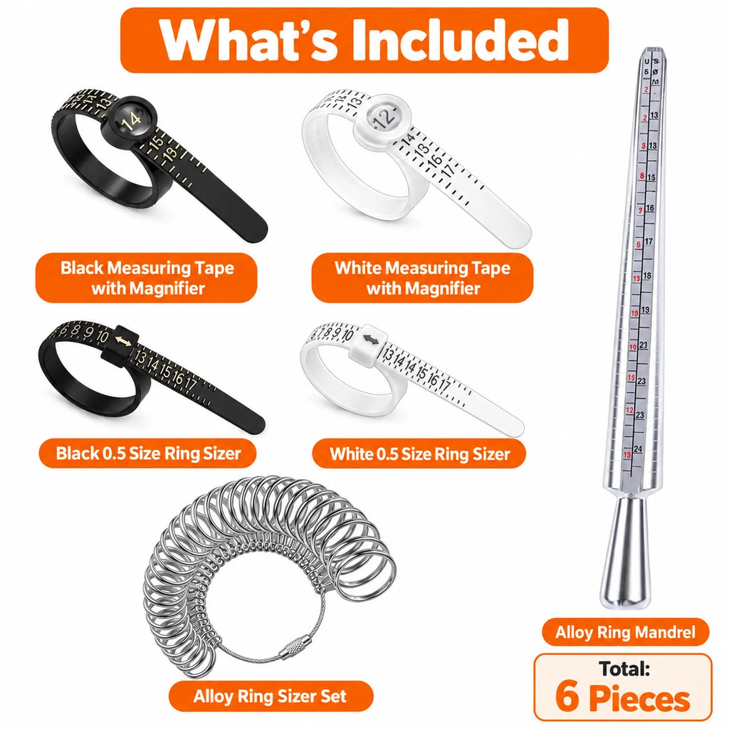 six piece ring sizing kit with black and white measuring tapes half size bands alloy ring sizer set and mandrel