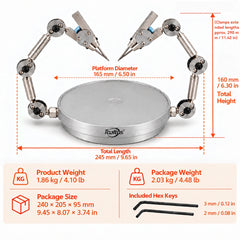 Helping hands dimension diagram showing a 165 mm platform, 245 mm total length, 160 mm height and 290 mm clamp reach