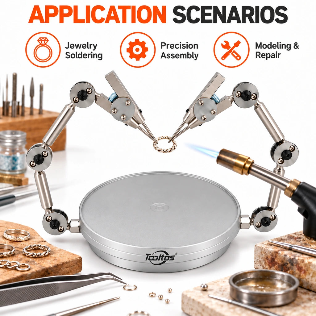 Dual arm helping hands holding a twisted metal ring beside a soldering torch on a jewelry workbench