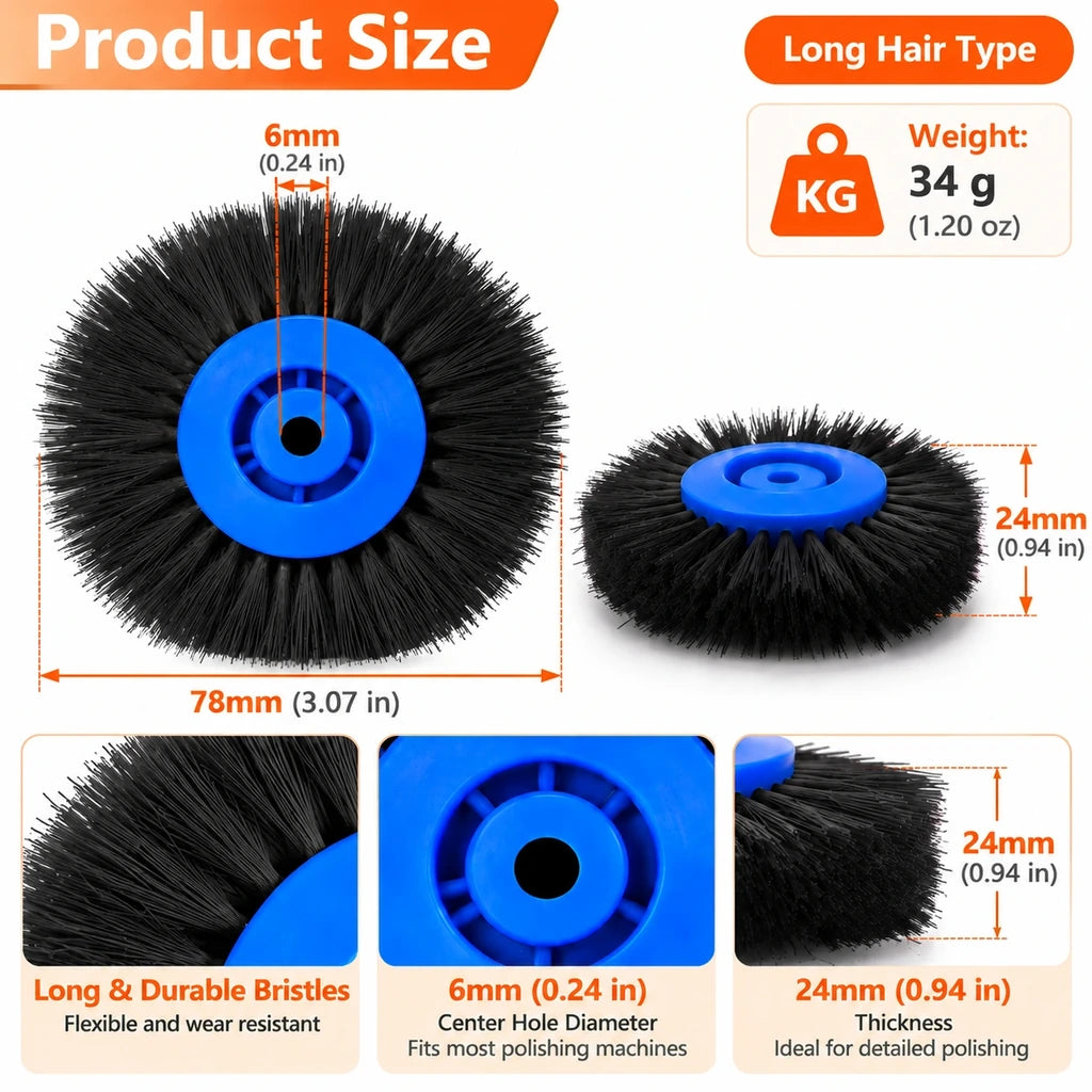 Blue hub long bristle nylon brush wheel size chart showing 78 mm diameter and 24 mm thickness
