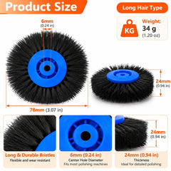 Blue hub long bristle nylon brush wheel size chart showing 78 mm diameter and 24 mm thickness