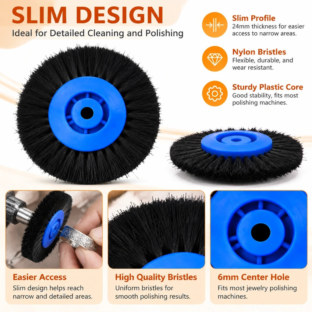Blue hub nylon brush wheel infographic showing a 24 mm slim profile and ring polishing example