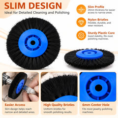 Blue hub nylon brush wheel infographic showing a 24 mm slim profile and ring polishing example