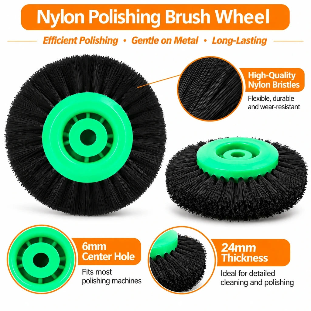 Green hub nylon brush wheel feature diagram showing bristle detail, 6 mm bore and 24 mm thickness