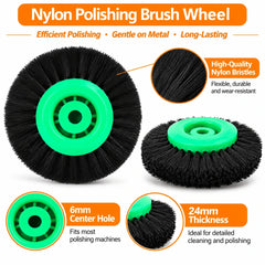 Green hub nylon brush wheel feature diagram showing bristle detail, 6 mm bore and 24 mm thickness
