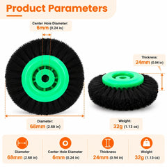 Green hub nylon brush wheel dimensions showing 68 mm diameter, 24 mm thickness and 6 mm center hole