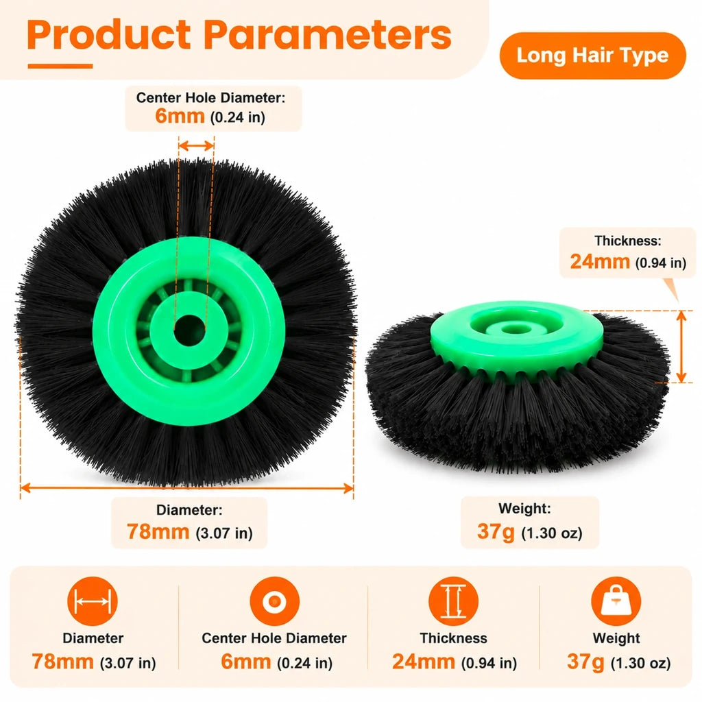 Green hub long bristle nylon brush wheel dimensions showing 78 mm diameter and 24 mm thickness