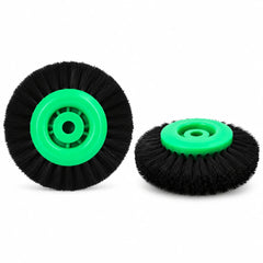 Green hub nylon polishing brush wheel with black bristles shown from front and angled views