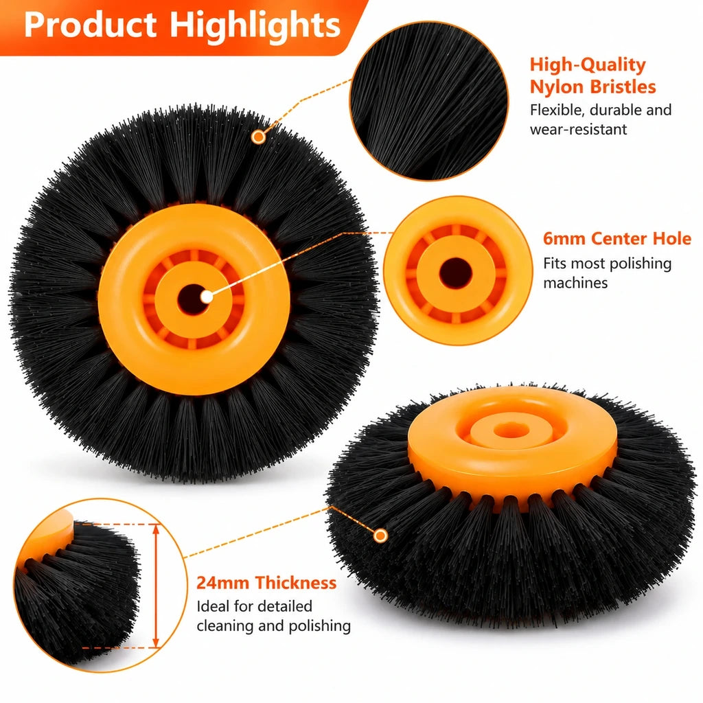 Orange hub nylon brush wheel highlighting bristle detail, 6 mm center hole and 24 mm thickness