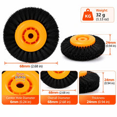 Orange hub nylon brush wheel dimensions showing 68 mm diameter, 24 mm thickness and 6 mm bore