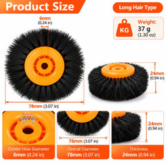 Orange hub long bristle nylon brush wheel size chart showing 78 mm diameter and 24 mm thickness