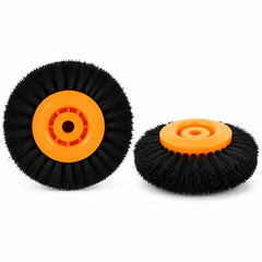 Orange hub nylon polishing brush wheel with black bristles shown from front and angled views