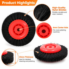 Red hub nylon brush wheel highlighting bristle detail, 6 mm center hole and 24 mm thickness