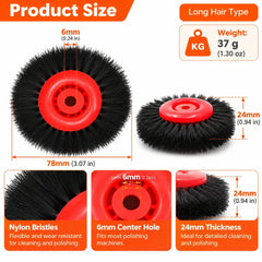 Red hub long bristle nylon brush wheel size diagram showing 78 mm diameter and 24 mm thickness
