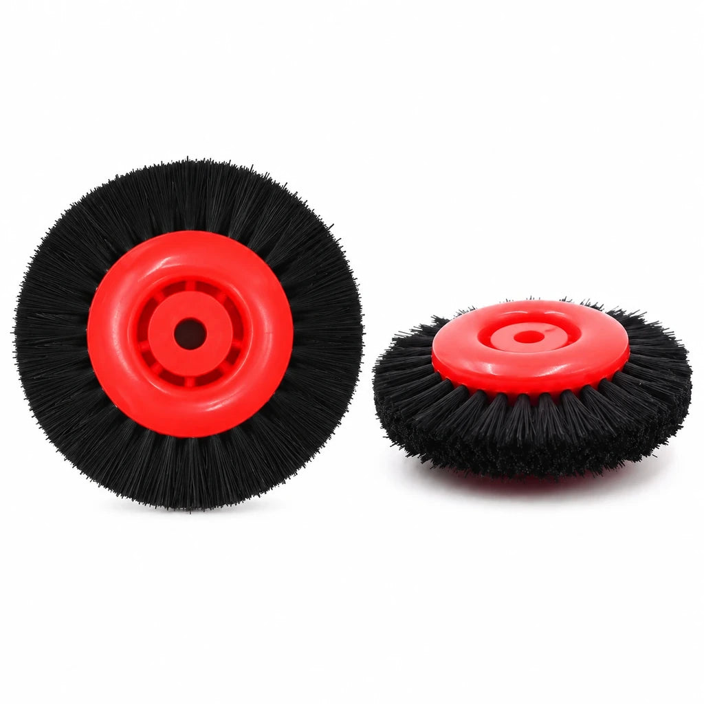 Red hub nylon polishing brush wheel with black bristles shown from front and angled views