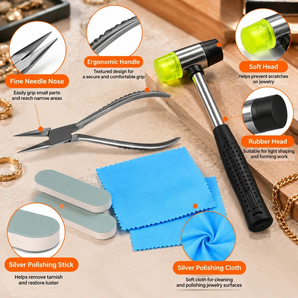Close-up details of tapered plier jaws, textured handles, two hammer heads and jewelry polishing accessories