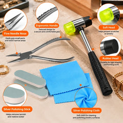 Close-up details of tapered plier jaws, textured handles, two hammer heads and jewelry polishing accessories