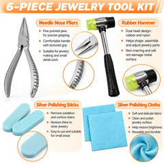 Jewelry tool kit overview showing needle nose pliers, dual-head hammer, silver polishing sticks and cloths