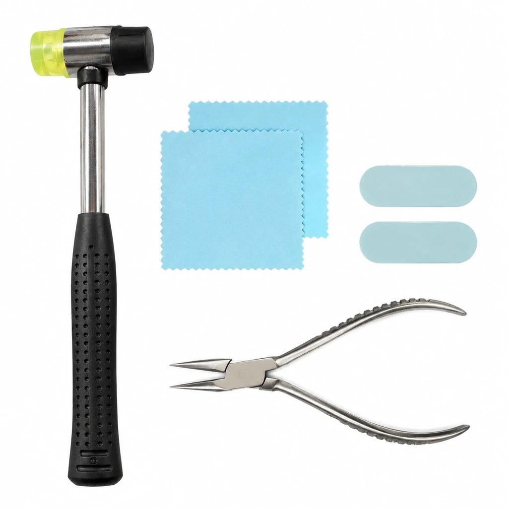 Six piece jewelry tool kit with needle nose pliers, a dual-head hammer, two polishing sticks and two blue cloths