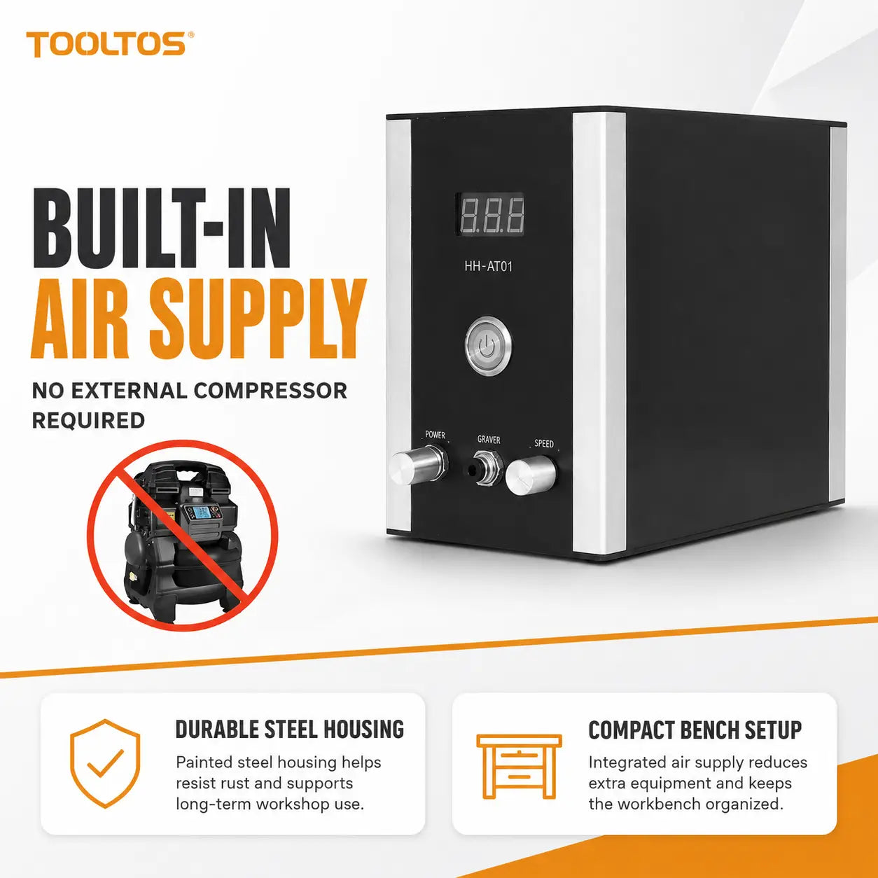 Tooltos 100W Pneumatic Jewelry Engraving Machine with Built-In Air Supply and Foot Pedal