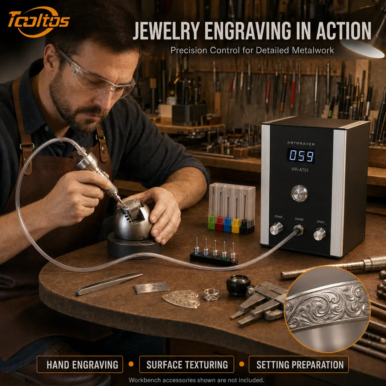Tooltos 100W Pneumatic Jewelry Engraving Machine with Built-In Air Supply and Foot Pedal
