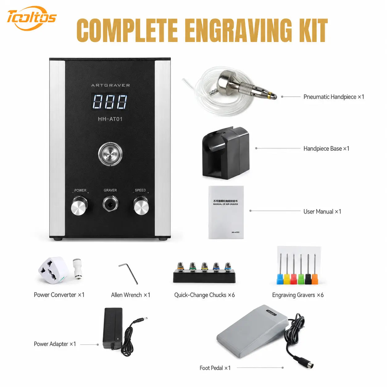 Tooltos 100W Pneumatic Jewelry Engraving Machine with Built-In Air Supply and Foot Pedal