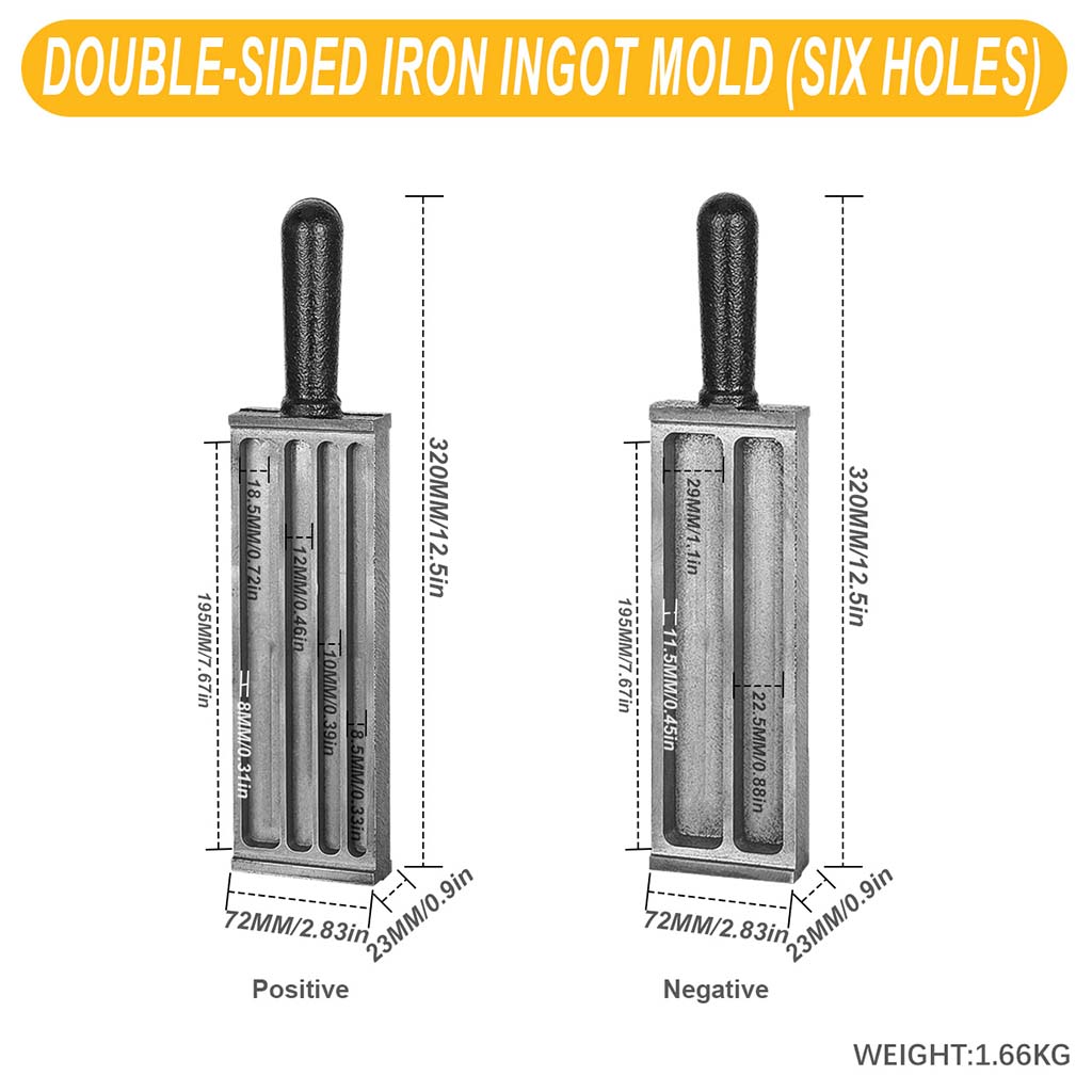 Tooltos Jewelry Tools Six-Holes Tooltos Double-Sided Iron Ingot Molds With Handle for Gold Silver Metal Melting and Casting Accessories