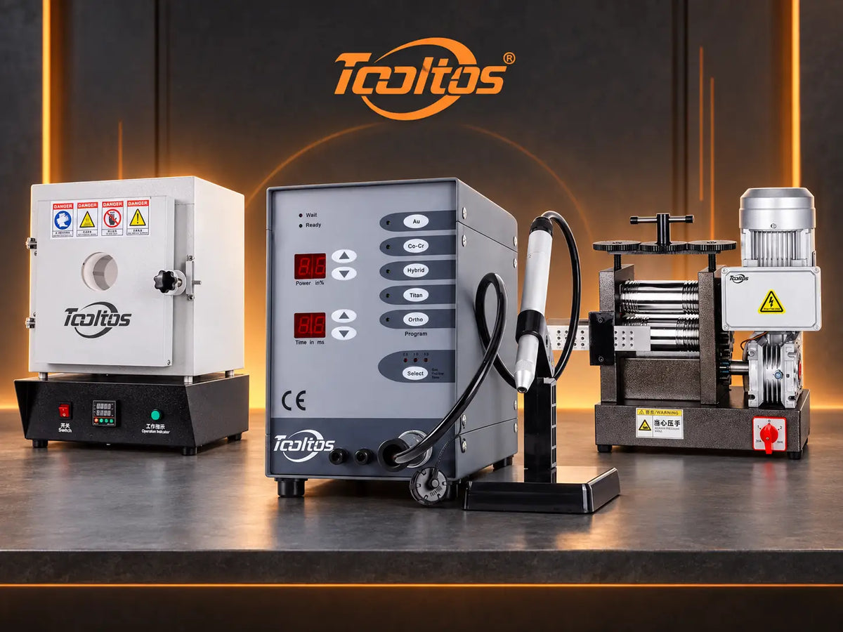 Tooltos jewelry tools featuring a CNC pulse argon welder, burnout furnace, and electric rolling mill