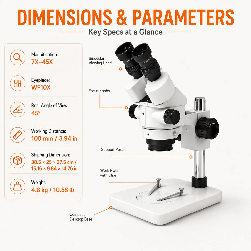 Tooltos Stereo Microscope for Jewelry Inspection 7X-45X Magnification WF10X Eyepiece