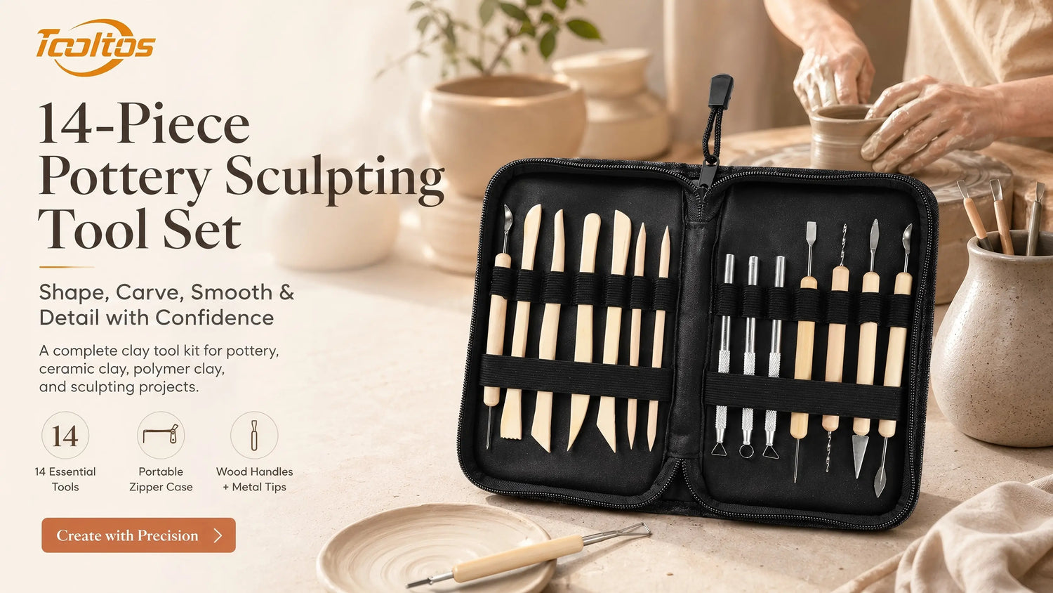 Tooltos Tooltos 14-Piece Pottery Sculpting Tool Set with Storage Case