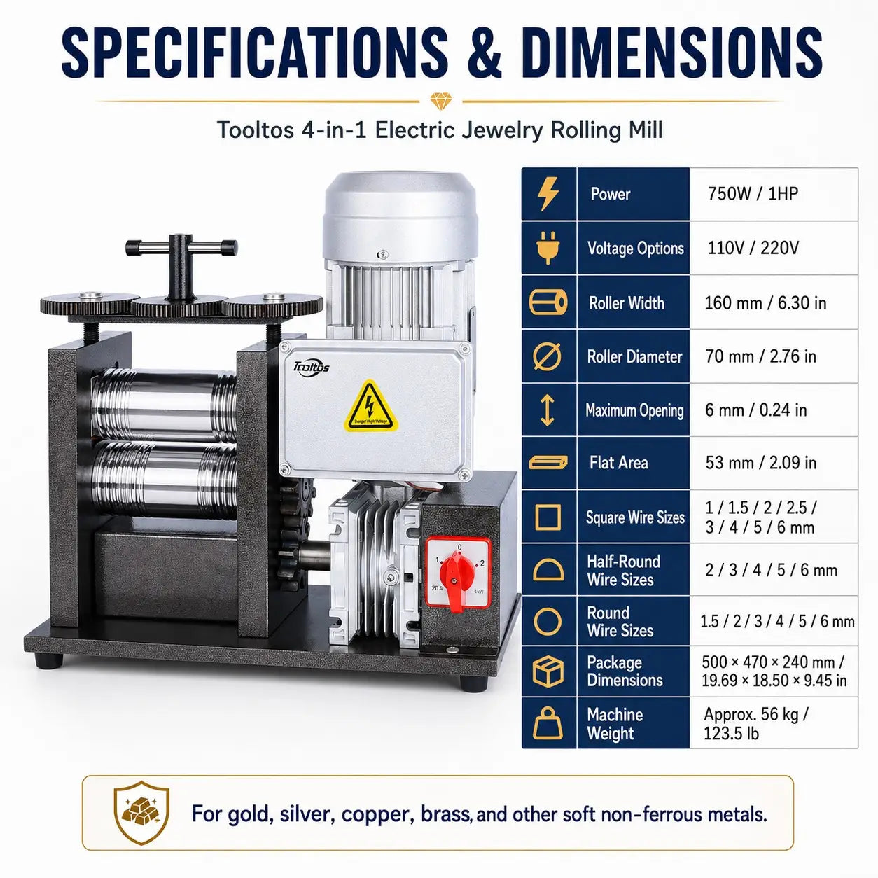 Tooltos Tooltos 160mm 750W 4-in-1 Electric Jewelry Rolling Mill