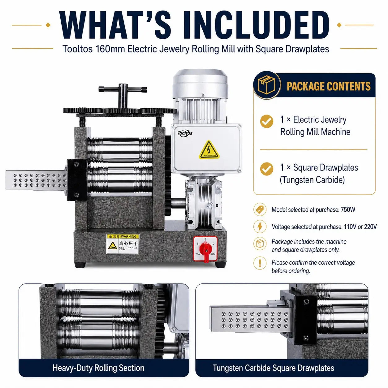 Tooltos Tooltos 160mm 750W Electric Jewelry Rolling Mill with Square Drawplates