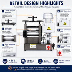 Tooltos Tooltos 160mm 750W Electric Jewelry Rolling Mill with Square Drawplates