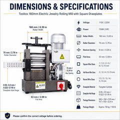 Tooltos Tooltos 160mm 750W Electric Jewelry Rolling Mill with Square Drawplates