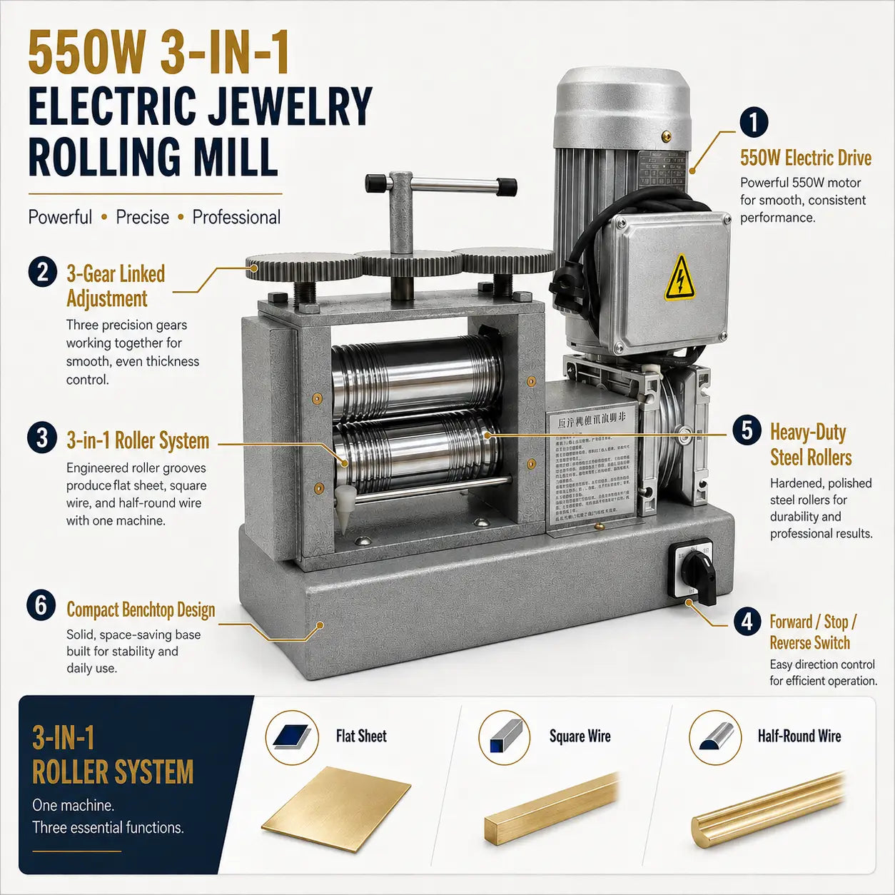 Tooltos Tooltos 550W 3-in-1 Electric Jewelry Rolling Mill