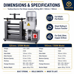 Tooltos Tooltos Electric Flat Sheet Jewelry Rolling Mill | 120mm / 160mm