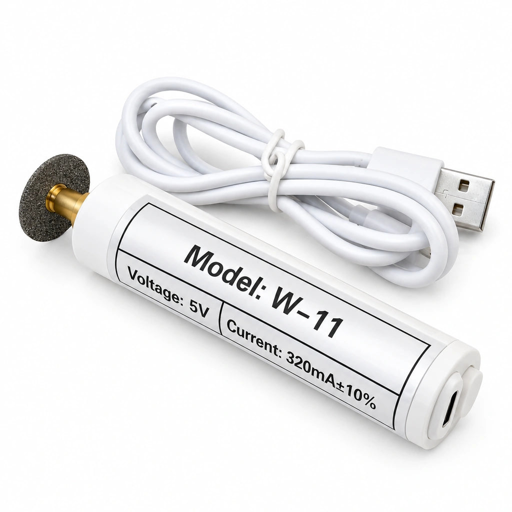 White USB welding needle grinder with abrasive disc and coiled USB cable