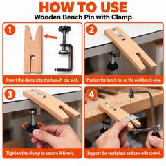 Four steps showing clamp insertion, bench edge placement, screw tightening and sawing on the wooden bench pin.