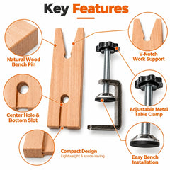 Wooden bench pin features showing the V notch, center hole, mounting slot and adjustable metal screw clamp.