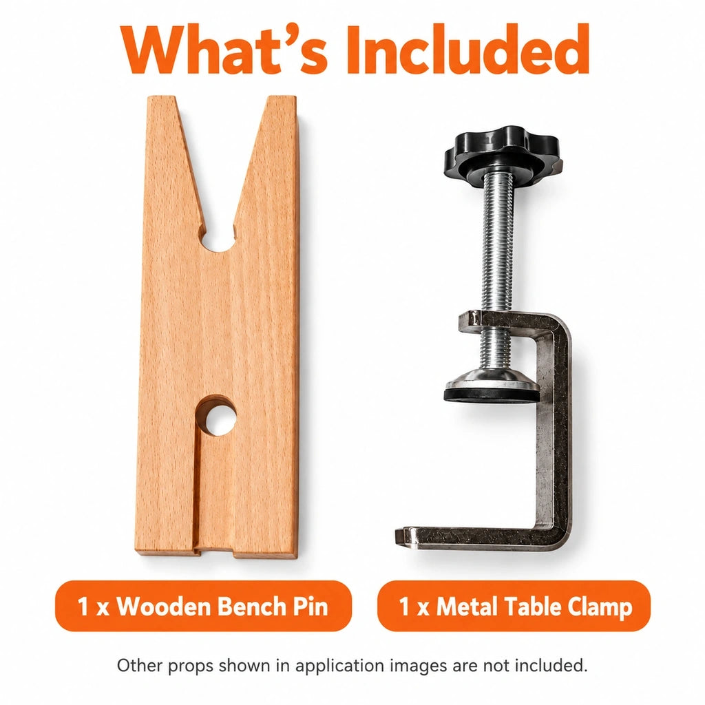 Package contents showing one straight wooden bench pin and one metal table clamp, with demonstration props excluded.