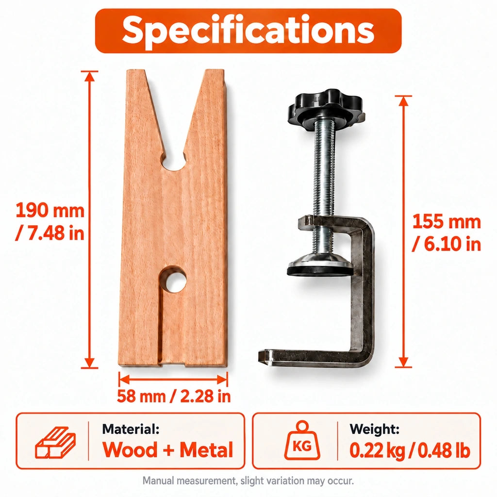 Wooden bench pin measuring 190 by 58 mm, with a 155 mm tall metal clamp and listed weight of 0.22 kg.