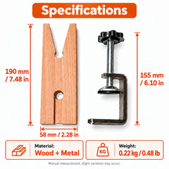 Wooden bench pin measuring 190 by 58 mm, with a 155 mm tall metal clamp and listed weight of 0.22 kg.