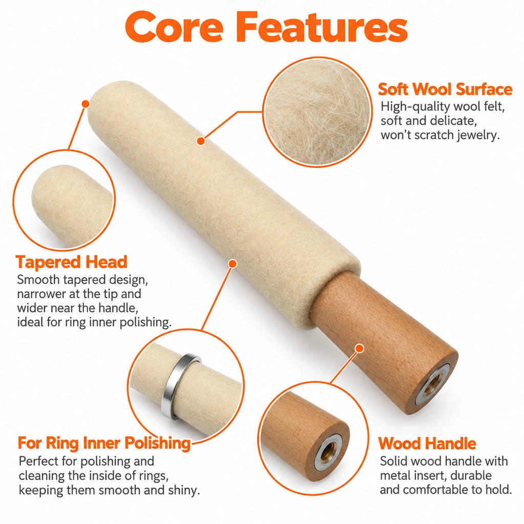 Close-up views of the wool polishing surface and wooden handle