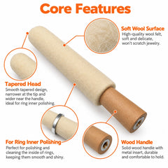 Close-up views of the wool polishing surface and wooden handle