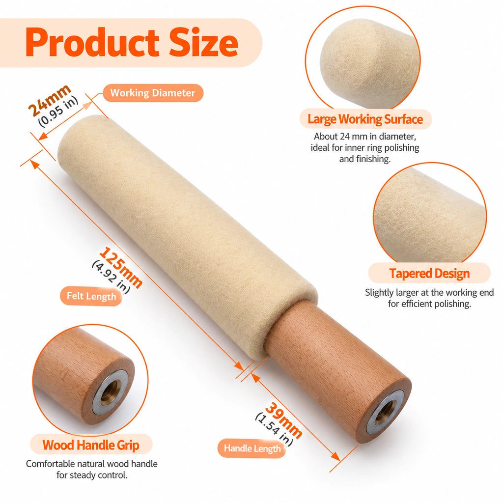 Product size diagram showing the wool polishing stick and its dimensions
